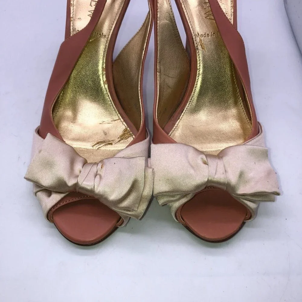 J Crew Womens Size 7 Pink Leather Bow Slip On Peep Toe Slingback Heels Shoes